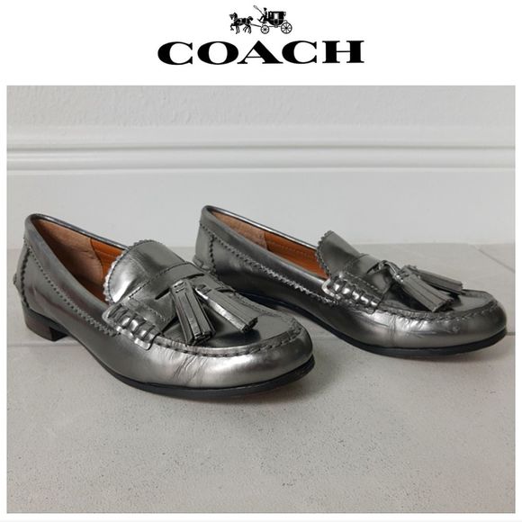 Coach Shoes - Haydee Silver Pewter Metallic Leather Tasseled Loafers